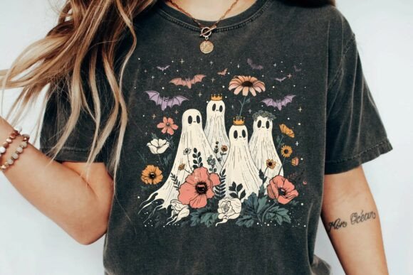 Charming Halloween Graphics: Vintage Floral Ghosts and Bats