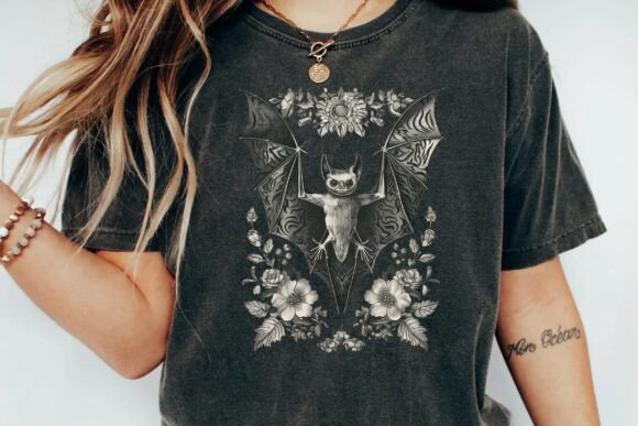 Vintage Gothic Bat Floral Botanical Woodcut Illustration